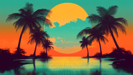80s Retro Sunset with Palm Trees and Glitchy Digital Grid