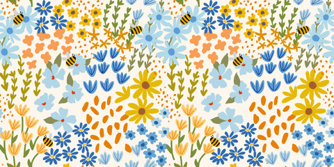 Seamless pattern with little wild meadow flowers, leaves and bees. Сolourful cute floral summer background. Can be used for wrapping, textile, print, banner, brochure, label, wallpaper, greeting card  © Oleksandra