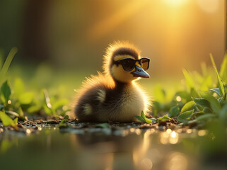 Obraz premium A little brown duck wearing quirky sunglasses sits quietly on a tranquil pond surrounded by birds and leaves, bathed in a warm orange glow as the sun sets behind it, a serene and magical scene 