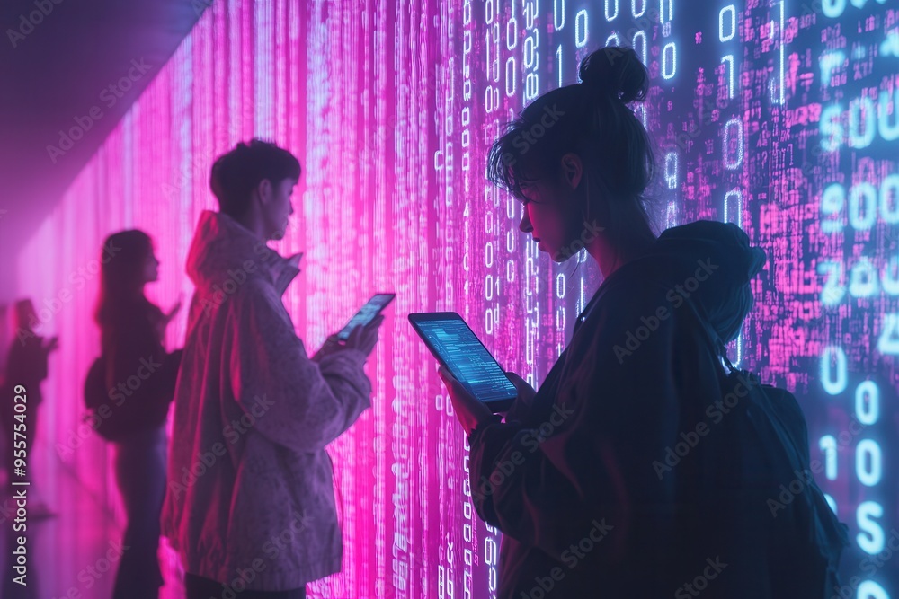 Aufkleber people focus on their smartphones as digital codes fill the space, highlighting a sense of isolation