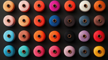 Fototapeta premium A vibrant display of colorful spools of thread arranged neatly, perfect for sewing enthusiasts and fabric artisans.