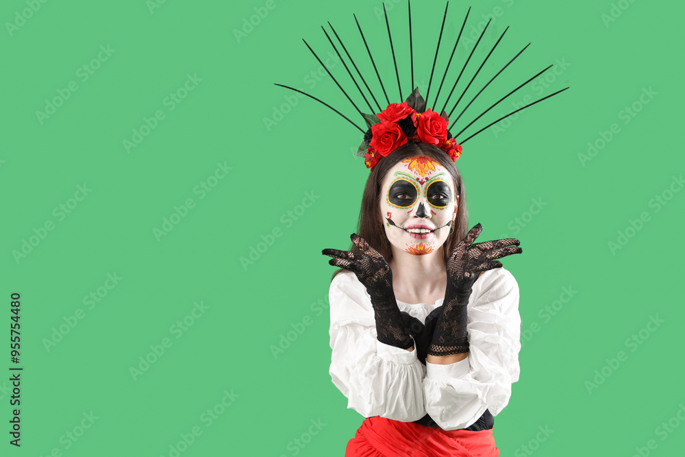 Sticker Beautiful woman dressed for Halloween on green background