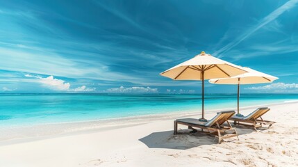 Obraz premium Tropical Beach with Two Loungers Under Umbrellas