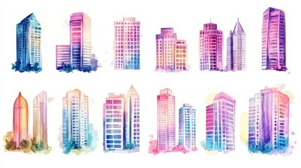 Obraz premium Skyscrapers collection. Watercolor illustrations set