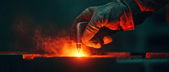 Close-up of a hand using a plasma cutter on metal, illuminating a vivid orange glow with sparks and smoke.
