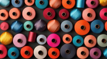 Fototapeta premium Colorful collection of sewing threads arranged neatly, perfect for textile design and crafting projects.
