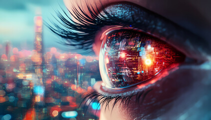 Futuristic eye with digital graphics symbolizing business growth vision