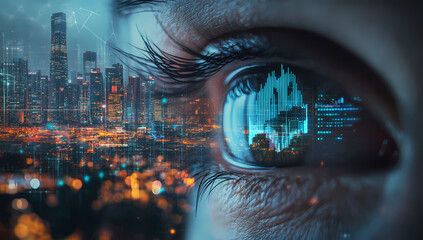 Futuristic eye with digital graphics symbolizing business growth vision