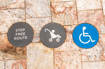 Signage no stairs and steps , disabled wheel chair friendly route.