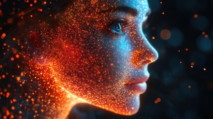 abstract visualization of artificial intelligence neural network forming humanoid face holographic interface data streams deep learning concept