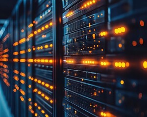 Data center with rows of servers, tech-savvy style, sharp focus, high detail, bright lighting