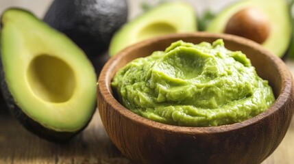 Obraz premium Creamy Avocado Dip in Wooden Bowl