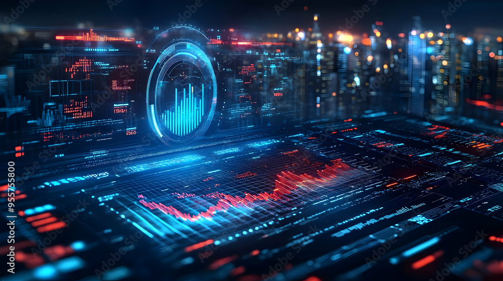 Poster futuristic data visualization with graphs and cityscape background.