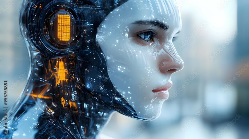Poster futuristic humanoid robot with intricate digital features.