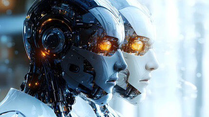 Fototapeta premium Futuristic humanoid robots with glowing eyes in a modern setting.