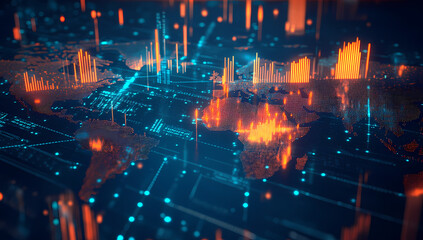 Obraz premium Digital World Map Overlaid with Stock Market Graphs and Charts