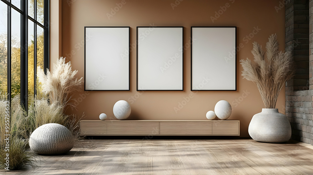 Poster minimalist interior with empty frames and decorative elements.