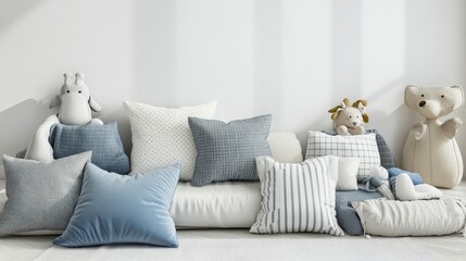 The mockup showcases colorful children's bedding with various pillows and stuffed toys arranged on a light sofa in a sunny room