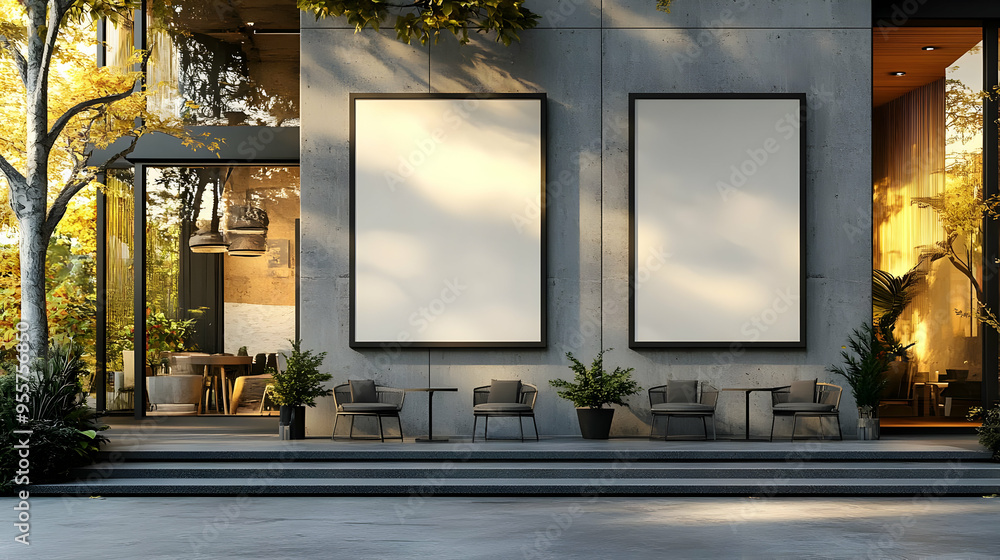 Poster modern architectural facade with empty frames and seating area.