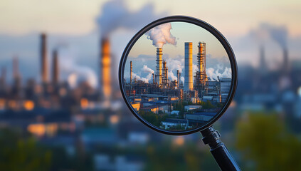 A magnifying glass highlighting smokestacks to symbolize environmental health.