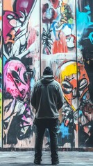 Naklejka premium Urban Explorer Against Vibrant Street Art