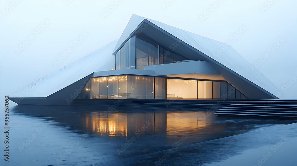 Poster modern architectural structure with angular design by water.