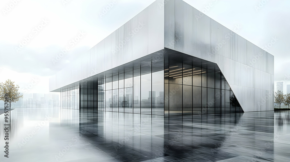Poster modern architectural structure with reflective surfaces and minimal design.