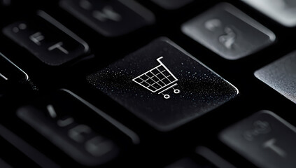 Obraz premium Close-up of keyboard key with shopping cart icon, e-commerce symbol