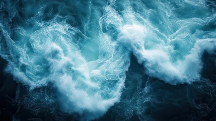 Obraz premium aerial view of turbulent river rapids birds eye perspective swirling white water patterns bluegreen hues long exposure effect natures raw power