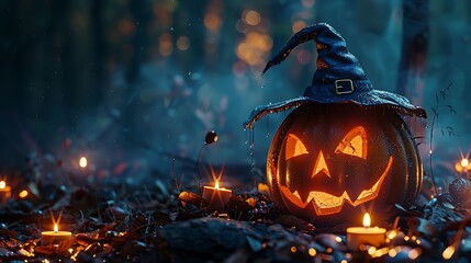 A haunting Halloween pumpkin with a witch hat, illuminated by candles on a dark, eerie backdrop