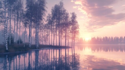 Obraz premium Birch Trees Reflecting in a Still Lake at Sunset