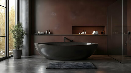 Modern bathroom design featuring a sleek bathtub and minimalist decor.
