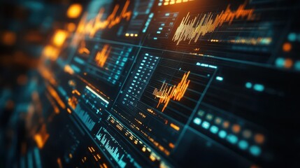 Obraz premium Financial risk management with graphs and charts on a screen, analytical style, sharp focus, bright lighting, high detail