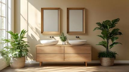 Modern bathroom design with wooden vanity and plants.