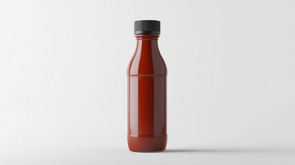 Glass Bottle with Black Lid and Red Liquid on White Background