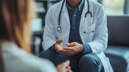 Health consultation with a patient discussing symptoms with a doctor, professional style, sharp focus, soft lighting, high detail