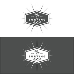 Logo Surfing Beach Vector Illustration Template. Logo for label, summer holiday and community