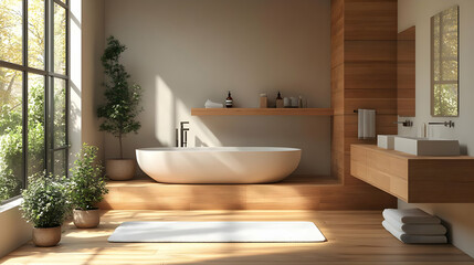 Modern bathroom with a freestanding tub and natural light.