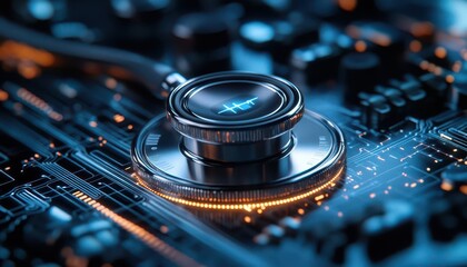 Healthcare technology with medical devices and software, tech-savvy style, sharp focus, bright lighting, high detail