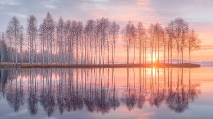 Fototapeta premium Silhouettes of Birch Trees Reflected in a Still Lake at Sunset
