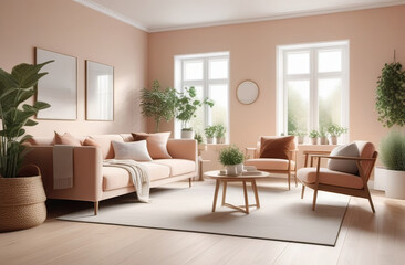 a spacious and airy interior of a living room with sofa and armchairs, houseplants, big windows, no people, lots of space