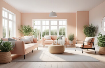 Fototapeta premium airy and spacious living room interior, natural light through windows, fresh houseplants, elegant and modern space