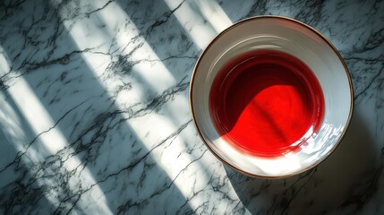 artful still life vibrant red and white plate on luxurious marble floor dramatic lighting accentuates textures and creates striking contrast evoking minimalist elegance