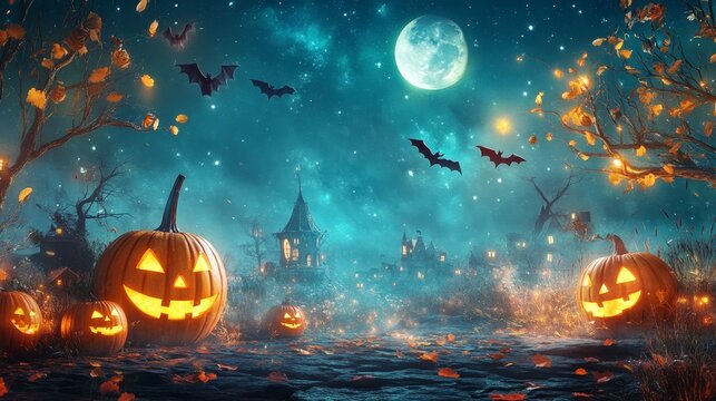 Enchanting Halloween Night 3D Background with Friendly Pumpkins, Bats, and Magical Elements for Copy Space at 16:9 Aspect Ratio