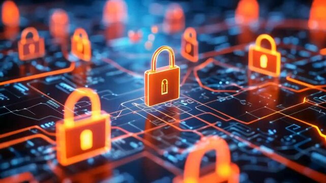  A glowing lock icon floating above a network of interconnected devices