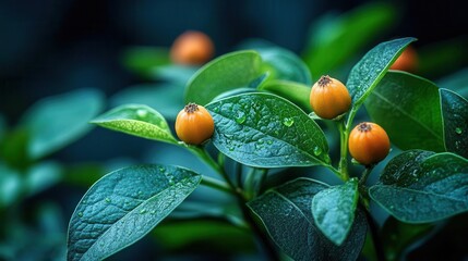 ashwagandha plant closeup on obsidian backdrop vibrant green leaves and ripe orange berries contrast starkly against inky darkness botanical elegance meets dramatic presentation
