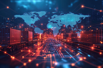 Fototapeta premium Digital illustration of global map with shipping containers and network connections, symbolizing global trade and logistics.