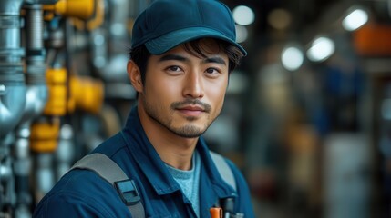 Obraz premium asian man in plumbers uniform confidently poses with tools industrial setting backdrop professional lighting highlights determined expression and attention to detail in attire