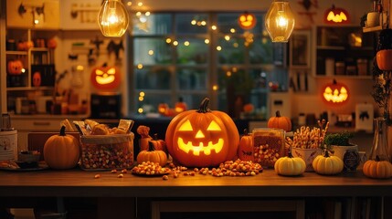 A table is covered with pumpkins and candy, creating a festive atmosphere