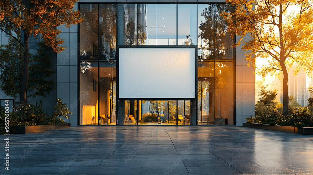 Poster modern building facade with a large blank screen for presentations.